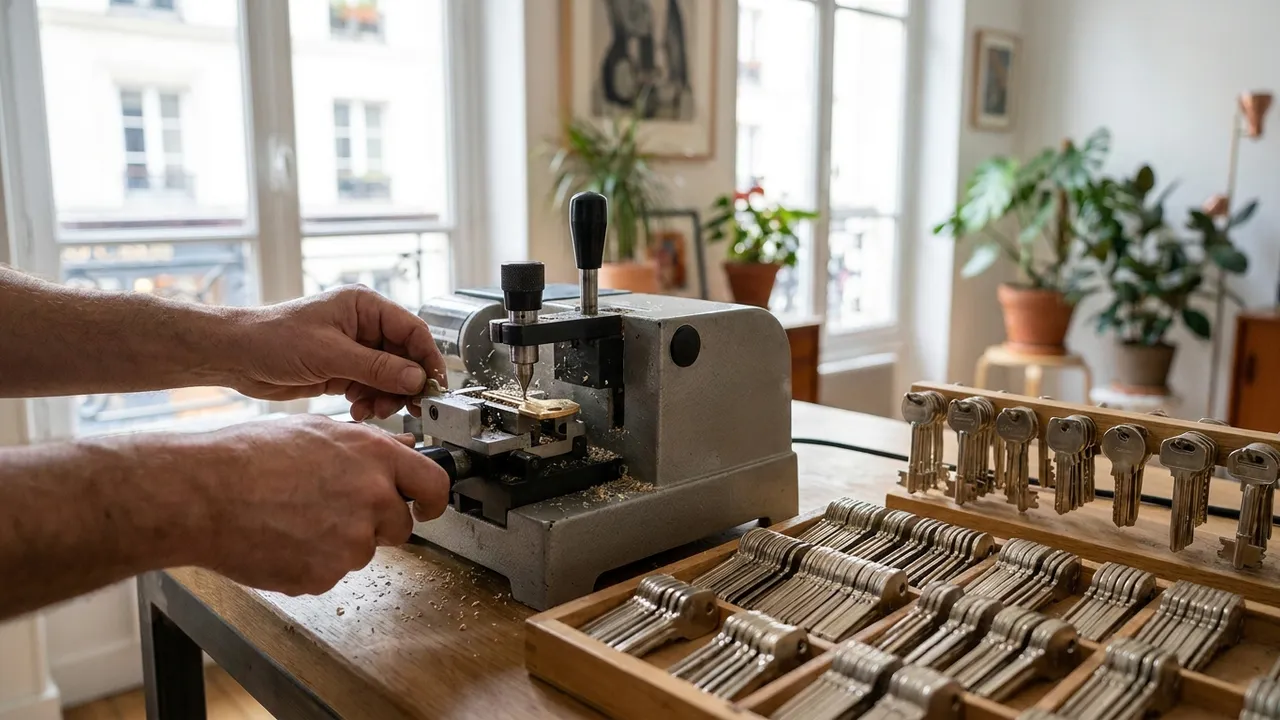 Machine à reproduire les clés dans un atelier de serrurerie à Bry-sur-Marne, doubles de clés suspendus